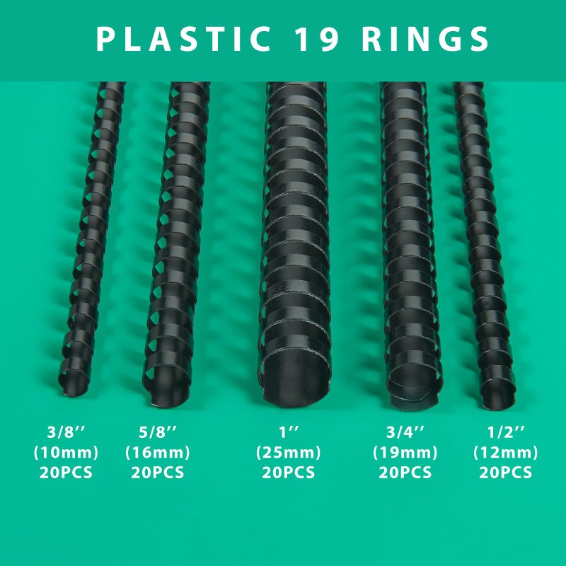 TOTiyea 100 Pack 19 Ring Binding Combs, Multi Sizes, 3/8 Inch, 1/2 Inch, 5/8 Inch, 3/4 Inch, 1 Inch, Letter Size, Black Binding Comb Spines Set - Image 2